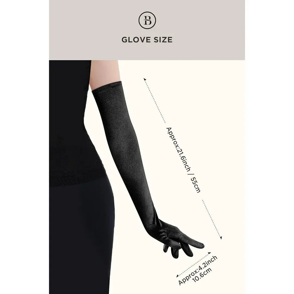 Women's Black Vintage Satin Long Gloves Party Tea Costume Stretchy Elbow Length